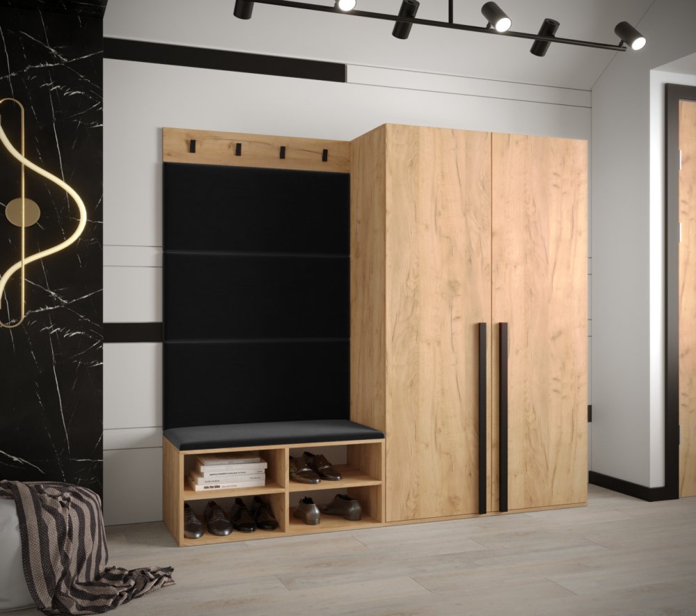 Veneti Predsieňový nábytok s čalúnenými panelmi HARRISON - dub zlatý, čierne panely